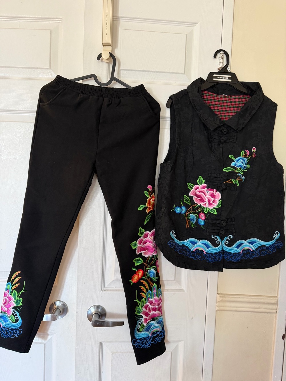Embroidered Floral Black Pants & Vest Set